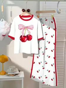 Girls Cherry Print Short Sleeve Top & Bell Bottoms Set, Casual Comfortable Fitted, Round Neck Shirt & Long Pants, Kids Clothing