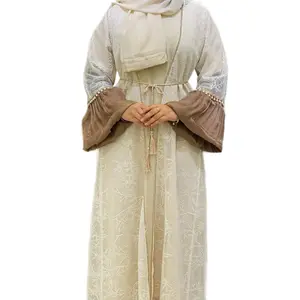 Tabassum Abaya - Available in Beige & Grey colours with Fluffy Sleeves, Stone Work on Front, 3 Piece Abaya Set with an Inner, Hijab & Belt.