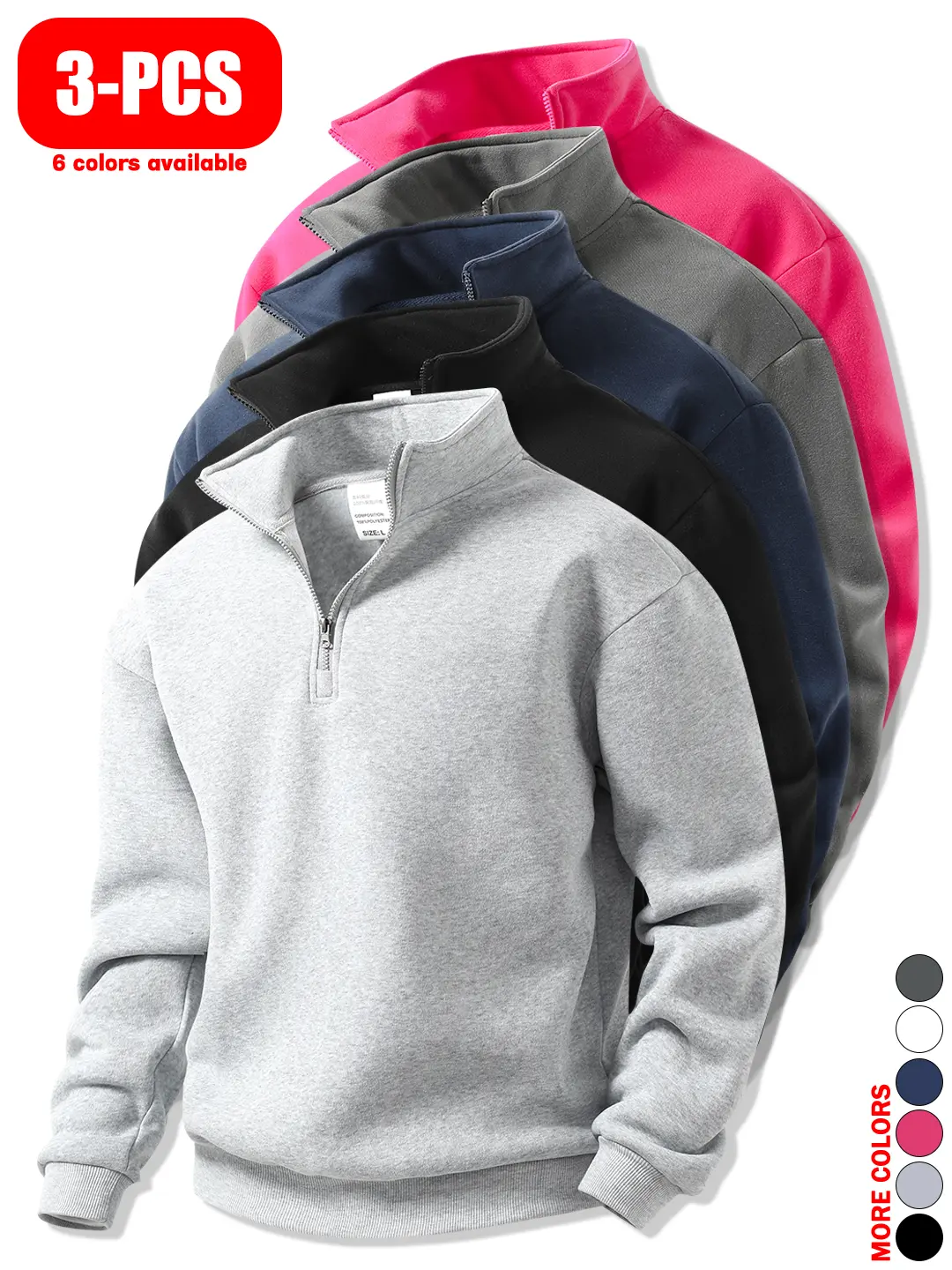 3-Pack Men's Fall Winter Stand Collar Long Sleeve Sweatshirts, Loose Fit Solid Color Minimalist Half Zip Pullover, Soft Skin-Friendly, Street Fashion, Versatile for Daily Wear, Workout, Gym & Cycling