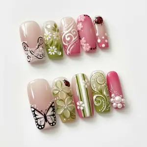 Spring Garden Press On Nails | 3D Butterfly Ladybug Daisy | Pink Green Swirl Pearl | Nature Floral Long Square Fake Nails Gift