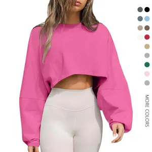 Womens Long Ballon Sleeve Sweatshirts Tops Cropped Crew Neck Loose Fit Casual Workout Shirts