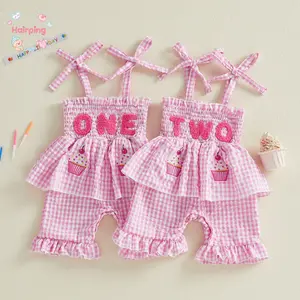 Baby Girls Pink Gingham Birthday Romper, "ONE/TWO" Embroidered Cupcake Applique Romper with Ruffled Hem, Spaghetti Strap Tie-Up Outfit for 1st/2nd Birthday, Soft Cotton Blend for Toddler