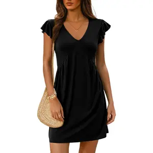 Dokotoo Women's Summer Dresses Beach 2026 Casual Deep V Neck Loose Sundress Ruffle Sleeve Mini Dress