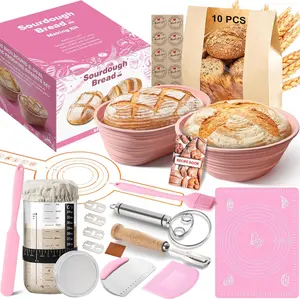 Sourdough Starter Kit, 15 Pcs Sour Dough Bread Baking Supplies for Beginners with 24 Oz Glass Starter Jar, Complete Bread Making Set with Silicone Banneton Proofing Basket, Baking Accessory
