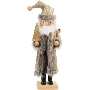 FUNPENY 14" Christmas Decorative Nutcracker, Handmade Wooden Santa Traditional Nutcracker in Flannel Ful Golden Coat, Festive Collectible Nutcracker, Winter Tabletop Christmas Decoration
