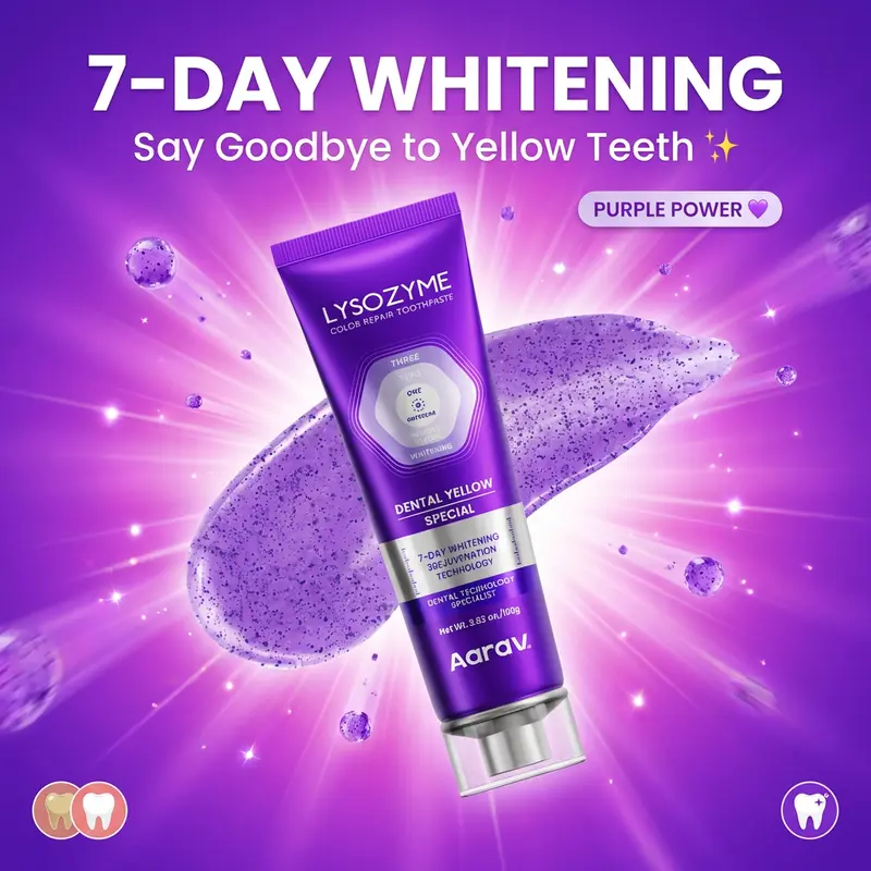 Aarav Advanced Purple Teeth Whitening Paste - Non-Invasive Color Correcting Technology, Lysozyme-Enhanced Deep Cleaning, Long-Lasting Fresh Breath, Daily Whitening for Bright Smile, Fix Your Smile & Oral Health Safety