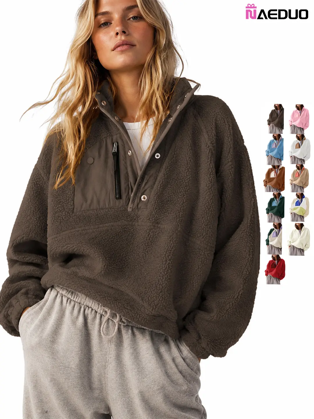 Naeduo Women’s Lightweight  Fleece Pullover Jacket Cropped Fall Winter Fuzzy Sherpa Jacket Sweatshirt Coat with Pockets for Hyrox