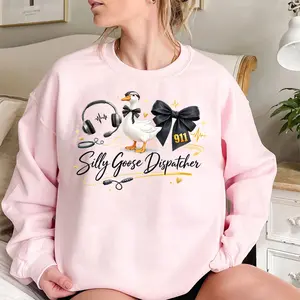 [Made in USA] Silly Goose Dispatcher Sweatshirt, Funny Silly Goose Dispatcher Graphic Crewneck Pullover, Cute Goose 911 Dispatcher Aesthetic Crewneck Shirt, Trendy First Responder Dispatcher Sweatshirt, Work Humor Gift For 911 Operator