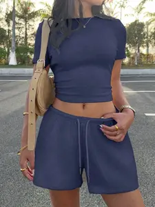 2026 New Women's Casual Slim-Fit Waist-Cinching Solid Cropped Tee, Adjustable Drawstring Shorts Set, Comfortable & Stylish for Daily Wear