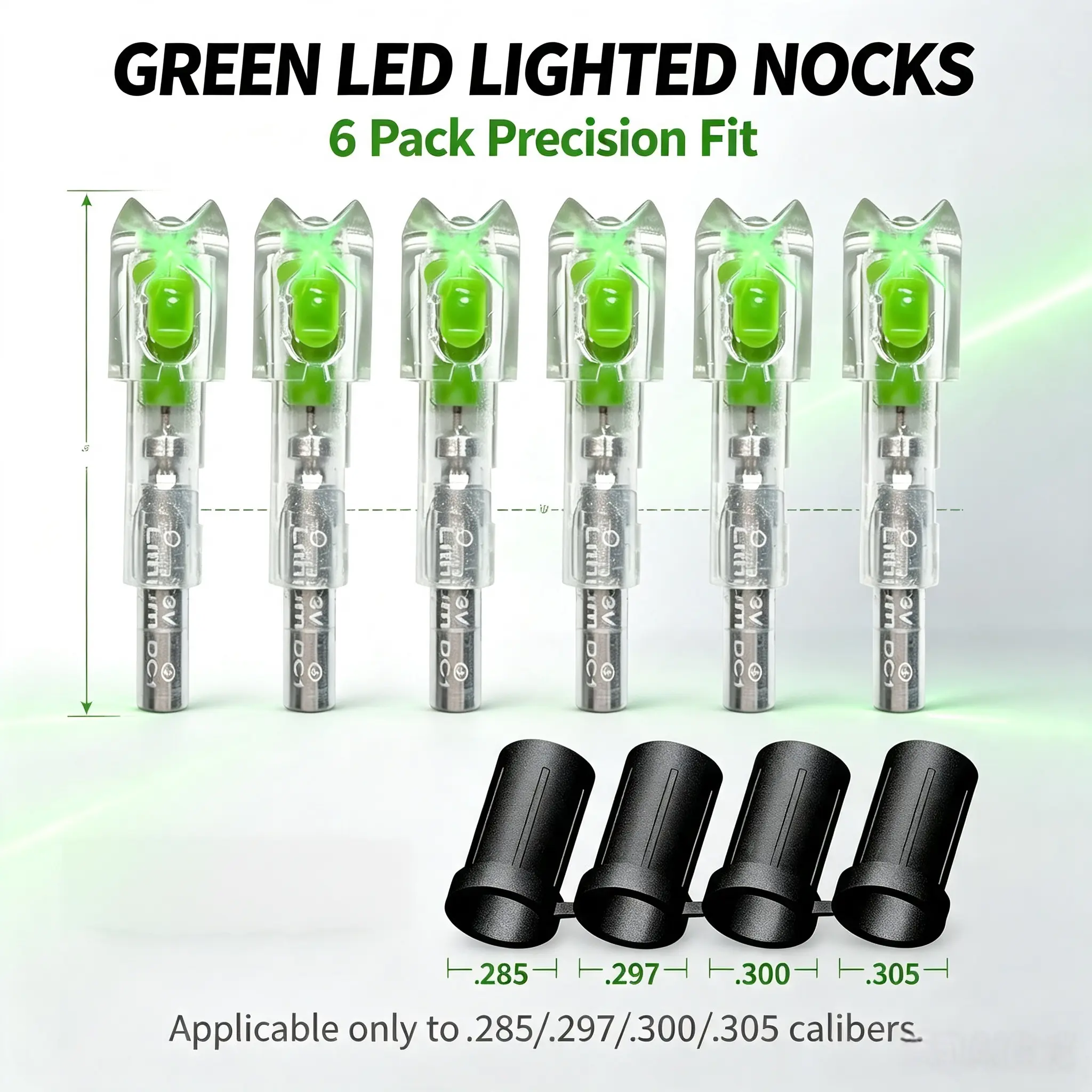 6PCS Lighted Crossbow Nocks, Green LED Auto Light Up Nocks with .285/.297/.300/.305 Inch Sleeves, Illuminated Replacement Nocks for Crossbow Bolts, Check Bolt Inner Diameter Before Install