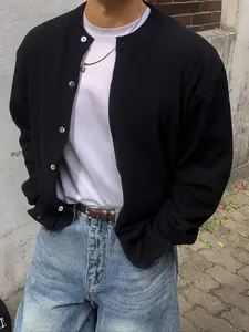 Men's Autumn Winter Casual Loose-Fit Knitted Cardigan, Button Front Ribbed Sweater Coat, Long Sleeve Round Neck Business Style Outerwear Knitwear Menswear Clothes