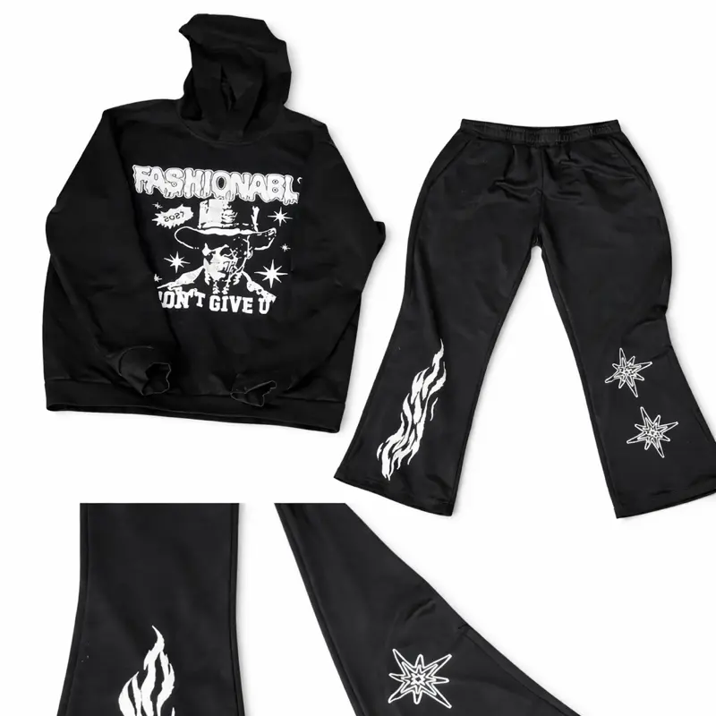 Men's M 2-Piece Sports-Themed Fashionable Black Graphic Hoodie & Flared Track Pants Set