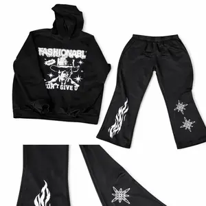 Men's M 2-Piece Sports-Themed Fashionable Black Graphic Hoodie & Flared Track Pants Set