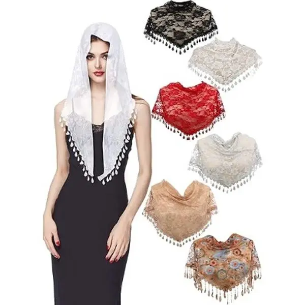 6 PCS Mantilla Catholic Triangle Church Veil Mass Lace Women Wedding Shawl Floral Scarf Head Covering for Cathedral
