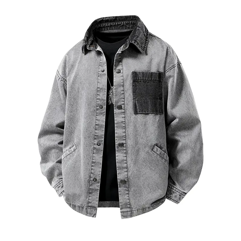 Men's Vintage Distressed Denim Jacket, Long Sleeve Casual Workwear Coat with Contrast Pockets, Menswear, Coats