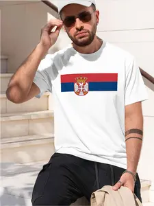 Serbia Flag with Serbia Shield Sun 2026 new model Black/White Tee Stylish & Comfortable Loose Crew Neck Short Sleeve T-shirts Versatile On Trend Eye Catching Printed Graphic Casual Tee for Daily W