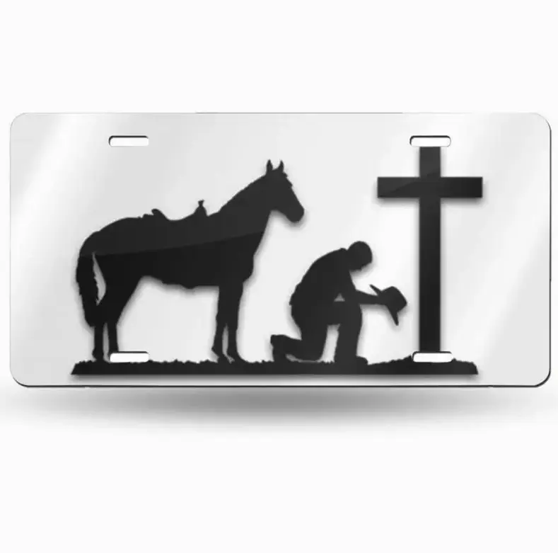 [Cowboy Praying Cross] Cowboy Praying at Cross License Plate, 12x6 Aluminum Vanity Tag, Western Christian Front Car Plate, Horse Country Auto Decor, Gift for Men Women