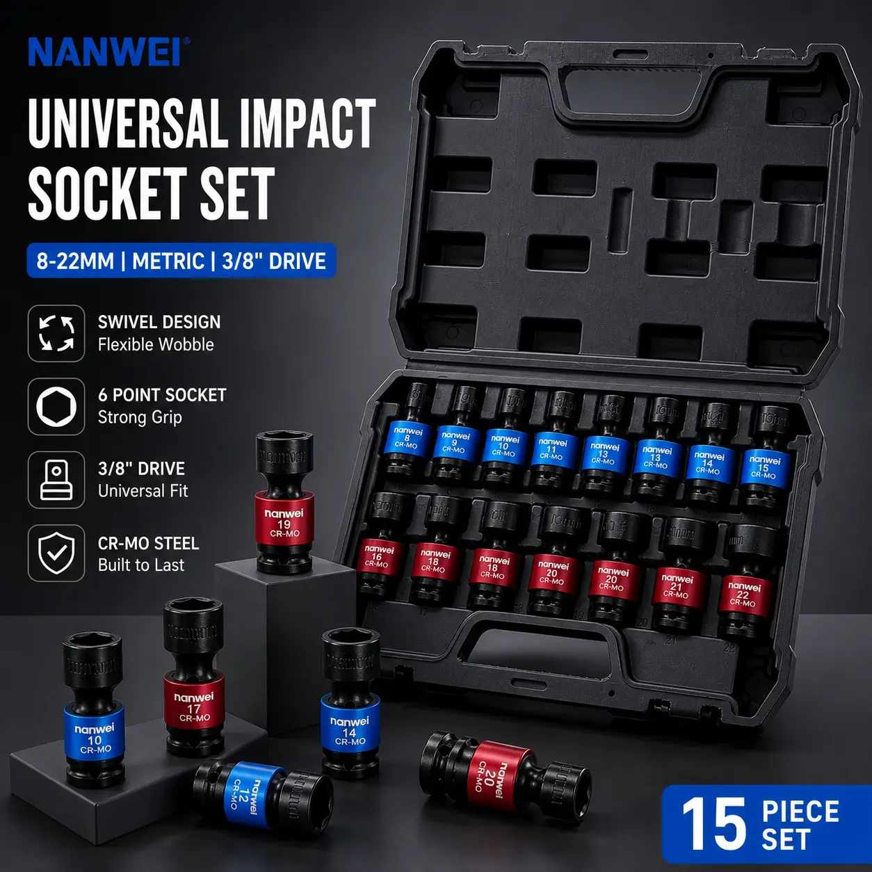 NANWEI Multifunctional Hex Socket Set, 8-22mm Metric 6-Point Cr-MO Steel Impact Socket Wrench Kit with Flexible Wobble Swivel Drive, Shallow Universal Hand Tool for Car Mechanics