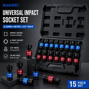 【summervibes】NANWEI Drive Shallow Universal Impact Socket Set, Swivel Socket with Flexible Wobble, 6 Point, Metric,8-22mm,Cr-MO Steel