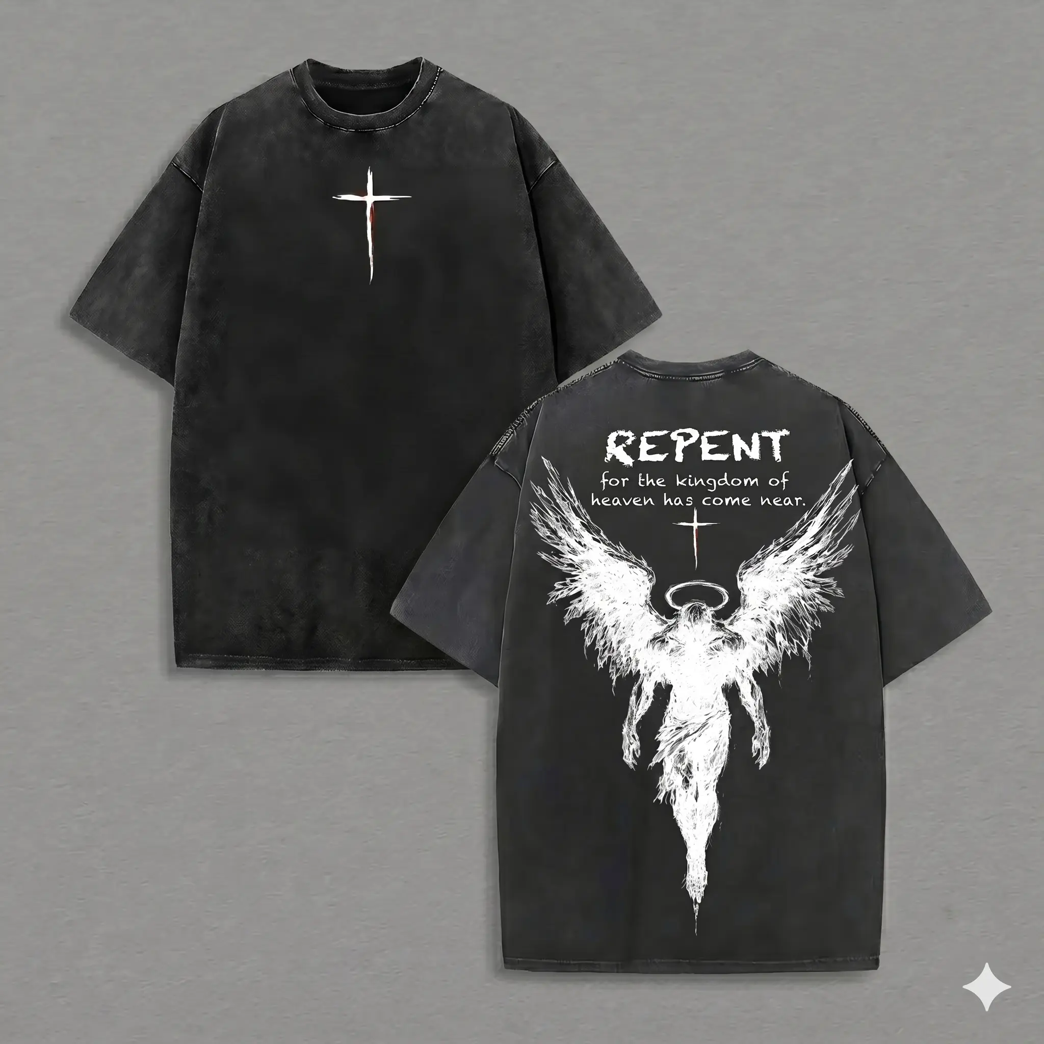 Repent Vintage Washed Oversized Christian T-Shirt, Angel Wings Faith Graphic Tee, “Kingdom of Heaven Has Come Near” Gospel Streetwear Top, Heavy Cotton Unisex Retro Worship Shirt