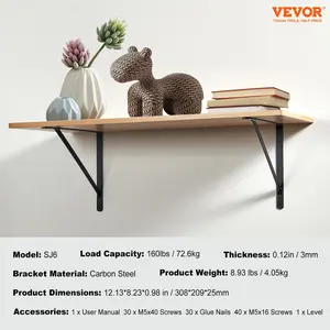 VEVOR Shelf Bracket, 12x 8 in 10 Pcs, Heavy Duty Floating Shelf Brackets, Brackets for Shelves, 3mm Thick Matte Black Triangle Shelf Bracket, Steel Shelving Brackets with 160 lbs Load Capacity