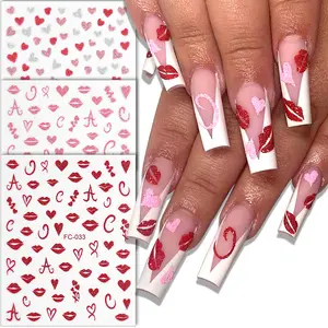 3 Sheets Valentine’s Day Glitter Nail Stickers Set, Sparkling Red & Pink Lips and Heart Nail Decals with XO Letter Design, Self-Adhesive Manicure Decoration Accessories for Women & Girls, Glam Pack Glitter
