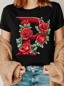 T-Shirt with a Rose Pattern Featuring The Letter P, a T-Shirt with The Name'S Initial P