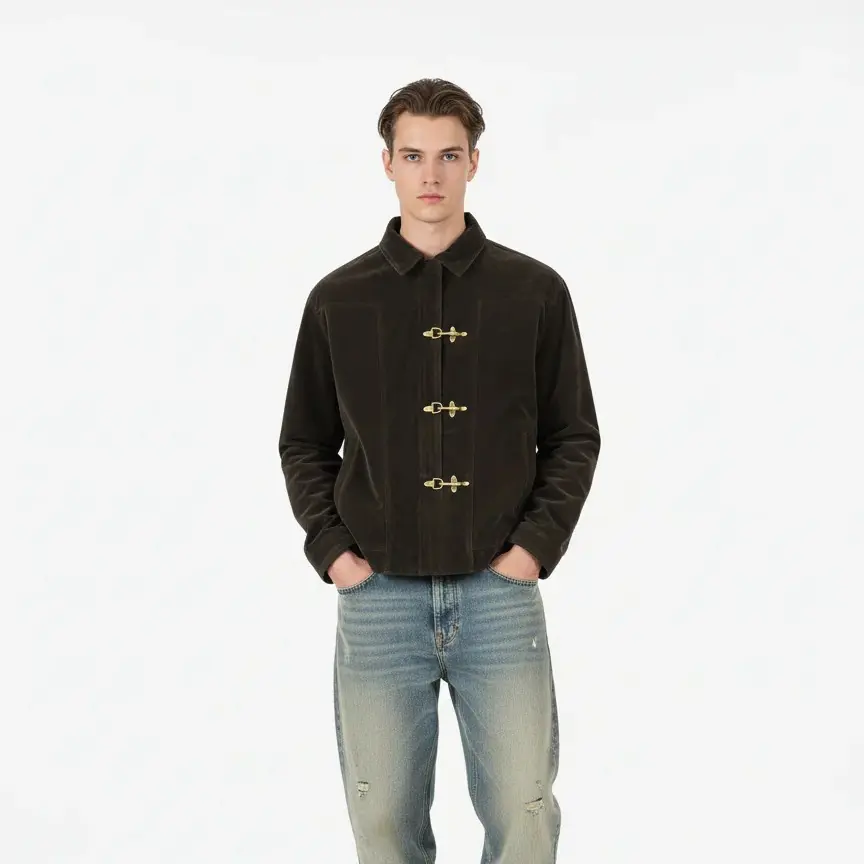 Thesupermade Suede Bomber Jacket With Metal Toggle Buttons | Retro Lapel Streetwear Jacket Men - 2538