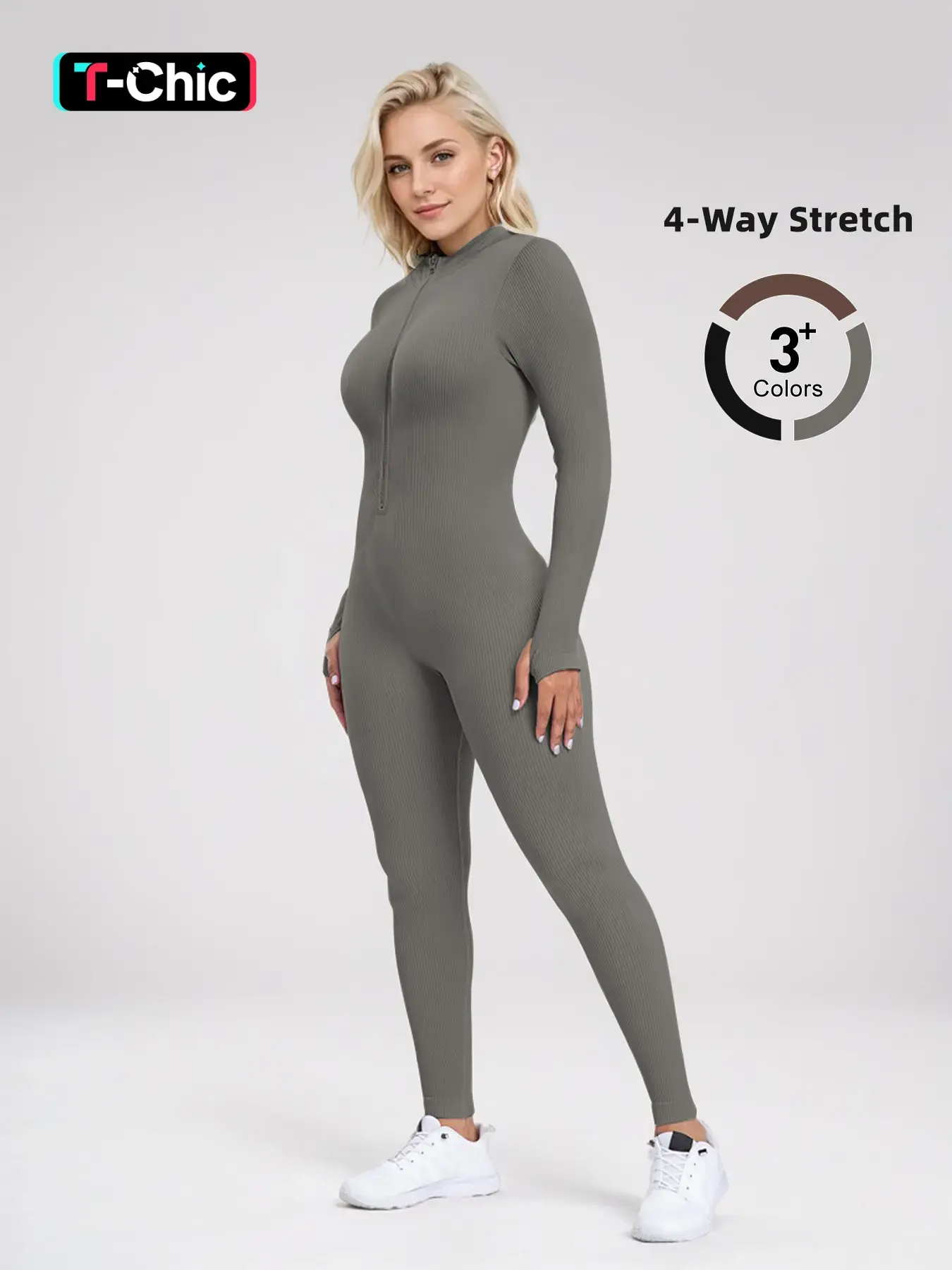 Women's Sporty Long Sleeve Zipper Jumpsuit, Mock Neck Tight-Fitting Fitness Jumpsuit, Comfortable for All-Season Wear, Workout Jumpsuit, Yoga Jumpsuit, Athletic Jumpsuits, Sporty Chic Jumpsuit