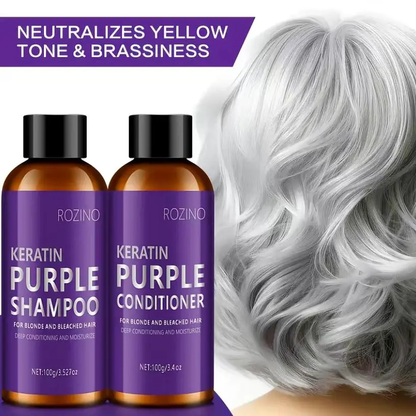 ROZINO Purple Shampoo and Conditioner with Keratin, Professional Hair Care for Blonde, Silver & Gray Hair, Anti-Yellow Tone, Deep Nourishing & Color Lock, Rosemary Vegan Formula to Strengthen Hair & Balance Scalp Oil