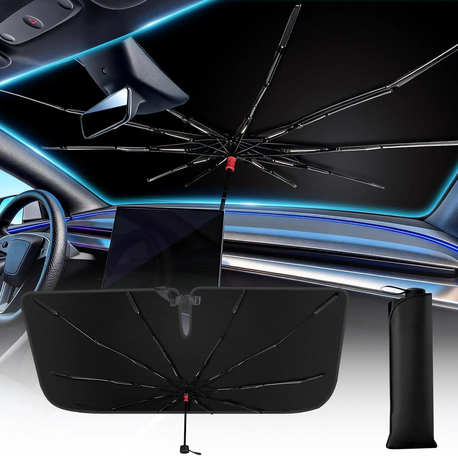 Windshield Sun Shade Umbrella for Car, Foldable Front Window Sunshade with UV Block & Heat Reduction, Reinforced Frame, Easy Install Umbrella Sunshade, Universal Fit for Cars SUVs Trucks