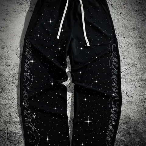 Men's Rhinestone Starry Sky Wide Leg Sweatpants, Y2K Trash Rock Street Style Joggers, Tiktok Trendy Aesthetic Pants for Concerts & Night Out, Athleisure Style Bottoms, Athleisure Casual Bottoms