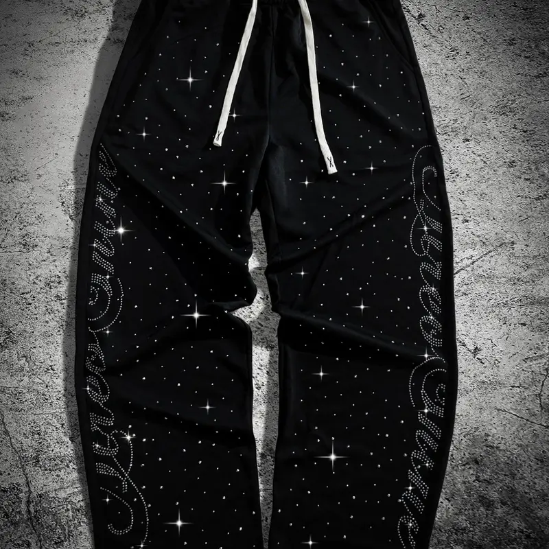Men's Rhinestone Starry Sky Wide Leg Sweatpants, Y2K Trash Rock Street Style Joggers, Tiktok Trendy Aesthetic Pants for Concerts & Night Out, Athleisure Style Bottoms, Athleisure Casual Bottoms
