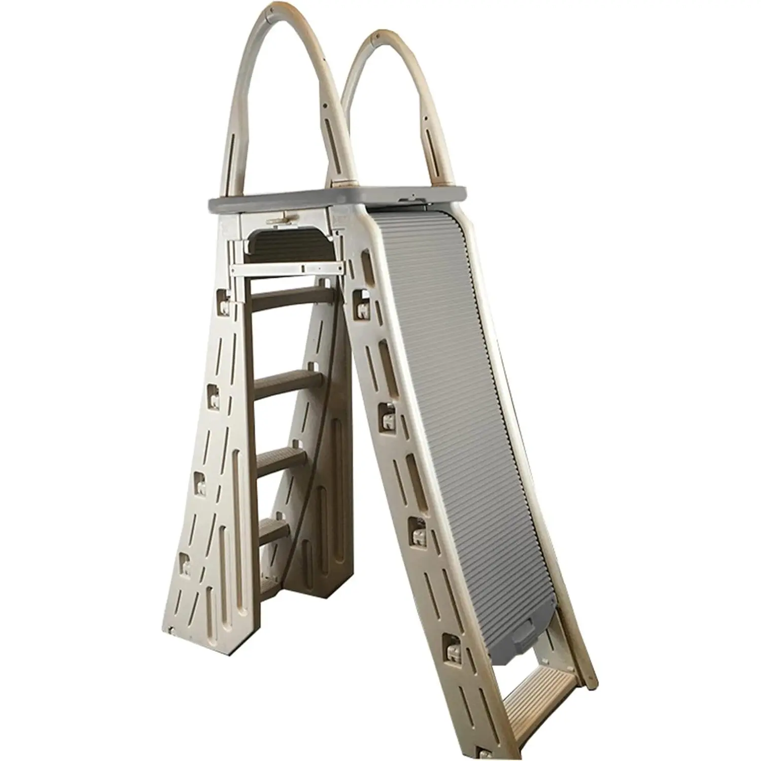 Confer Plastics 7200 Roll Guard 48" to 56" Adjustable A Frame Safety Above Ground Outdoor Patio Swimming Pool Platform Ladder with Step Barrier, Gray Deck & Tambour