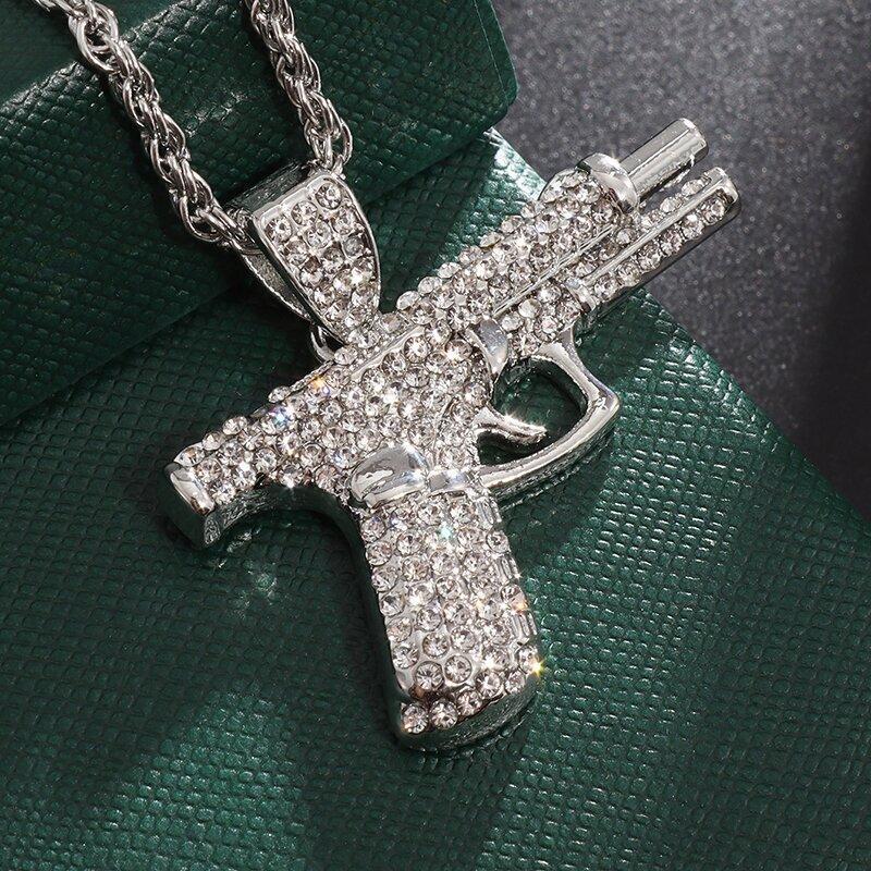 Bling Iced-Out Pistol Pendant Necklace for Men, Hip Hop Street Style Jewelry, Rhinestone Inlay Statement Accessory