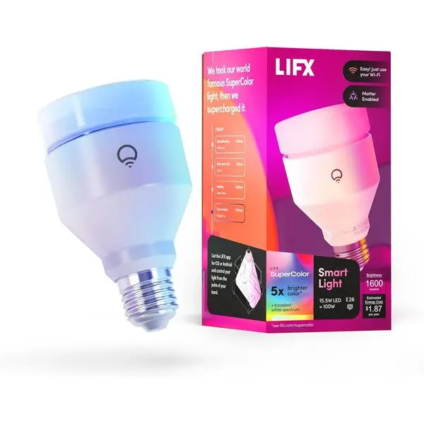 LIFX Supercolor A21 Smart Light Bulb, 1600 Lumens 100W Equivalent, Color Changing RGB + Tunable White, Dimmable E26, Matter Compatible, Works with Apple HomeKit, Alexa & Google Home, No Hub Required | z