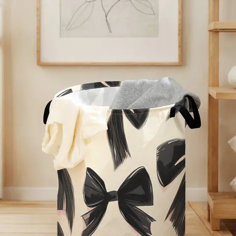 Durable Laundry Basket with Handle, Bow Print Design, Foldable Clothes Storage Bin, Large Capacity Toy Organizer for Home Use, Laundry Basket Bag
