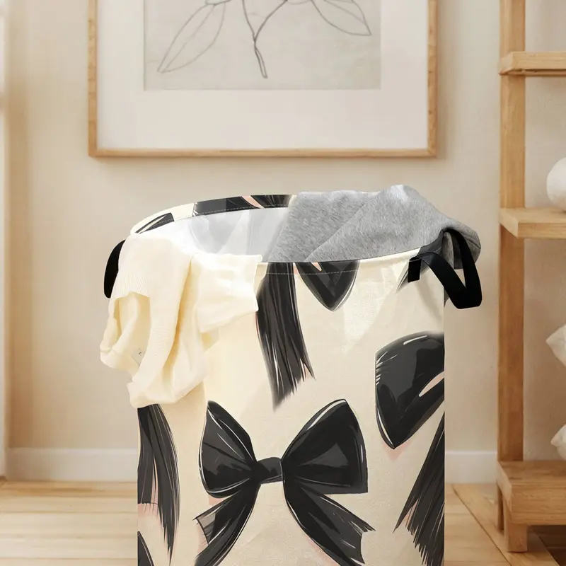 Durable Laundry Basket with Handle, Bow Print Design, Foldable Clothes Storage Bin, Large Capacity Toy Organizer for Home Use, Laundry Basket Bag