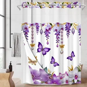 1PC/4PCS 2D Flat Printing Spring Joy Purple White Flowers Butterflies Patterned shower curtain, home bathroom decor, shower curtain set with 12 hooks, non-slip bathroom rug, U-shaped toilet seat cover, toilet seat mat.