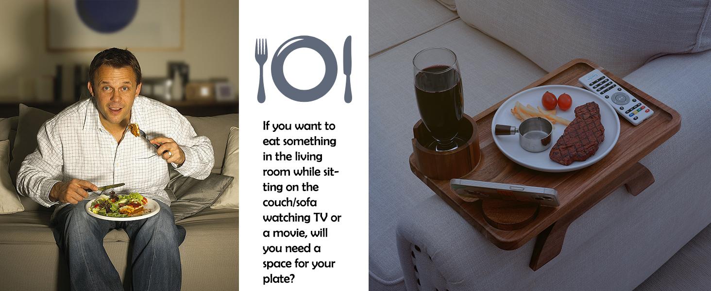 Couch Cup Holder Tray, 3 in 1 Large 15.36"x9.85" Acacia Wood Sofa Arm Clip on Tray Table with 360°Rotated Phone Holder on Armrest