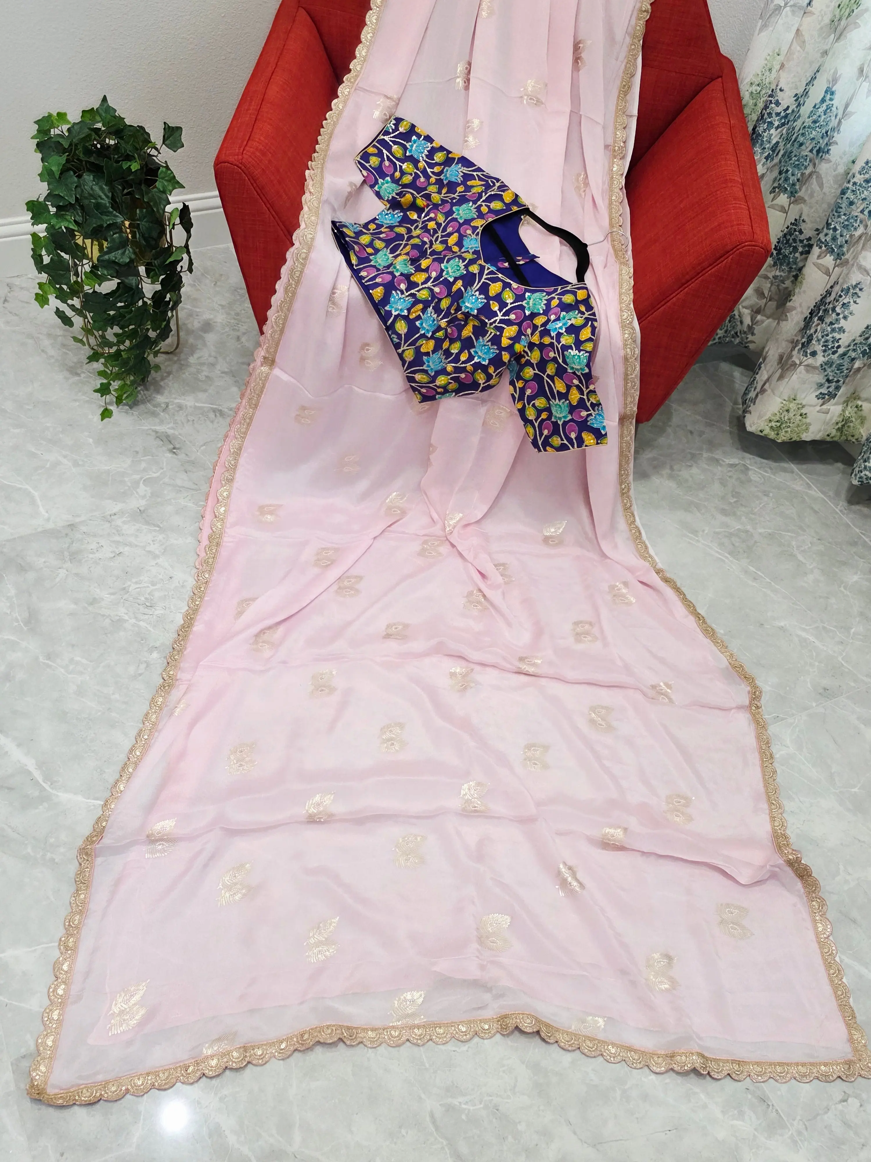 Blush Pink Chinon Chiffon Saree with Scalloped Lace & Kalamkari Sequin Blouse