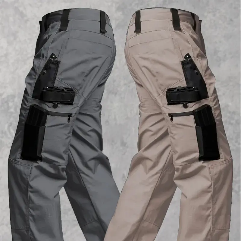 Men's Solid Color Zipper Waterproof Tactical Work Pants, Without Belt, Solid Color Design, Regular Fit, with Sports Pockets, Autumn Durable Pants, Men's Wear-Resistant Outdoor Training Pants. Please Place Your Order According to the Size Chart.,Size Up fo