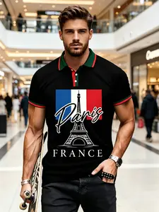 Summer French Style Casual Polo Shirt for Men, Paris Eiffel Tower Print Short Sleeve Top, Slim-Fitting All over Print Clothing