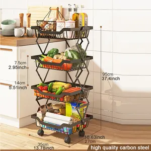 Foldable storage trolley with wheels, home storage basket, removable fruit and vegetable storage basket Organiser Racks
