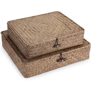 EcoHomeDecor Handwoven Beauty Set of 2 Flat Woven Wicker Storage Bins with Lid Natural Seagrass Basket Multipurpose Home Boxes for Shelf Organizer Coffee EcoHomeDecor HandwovenBeauty