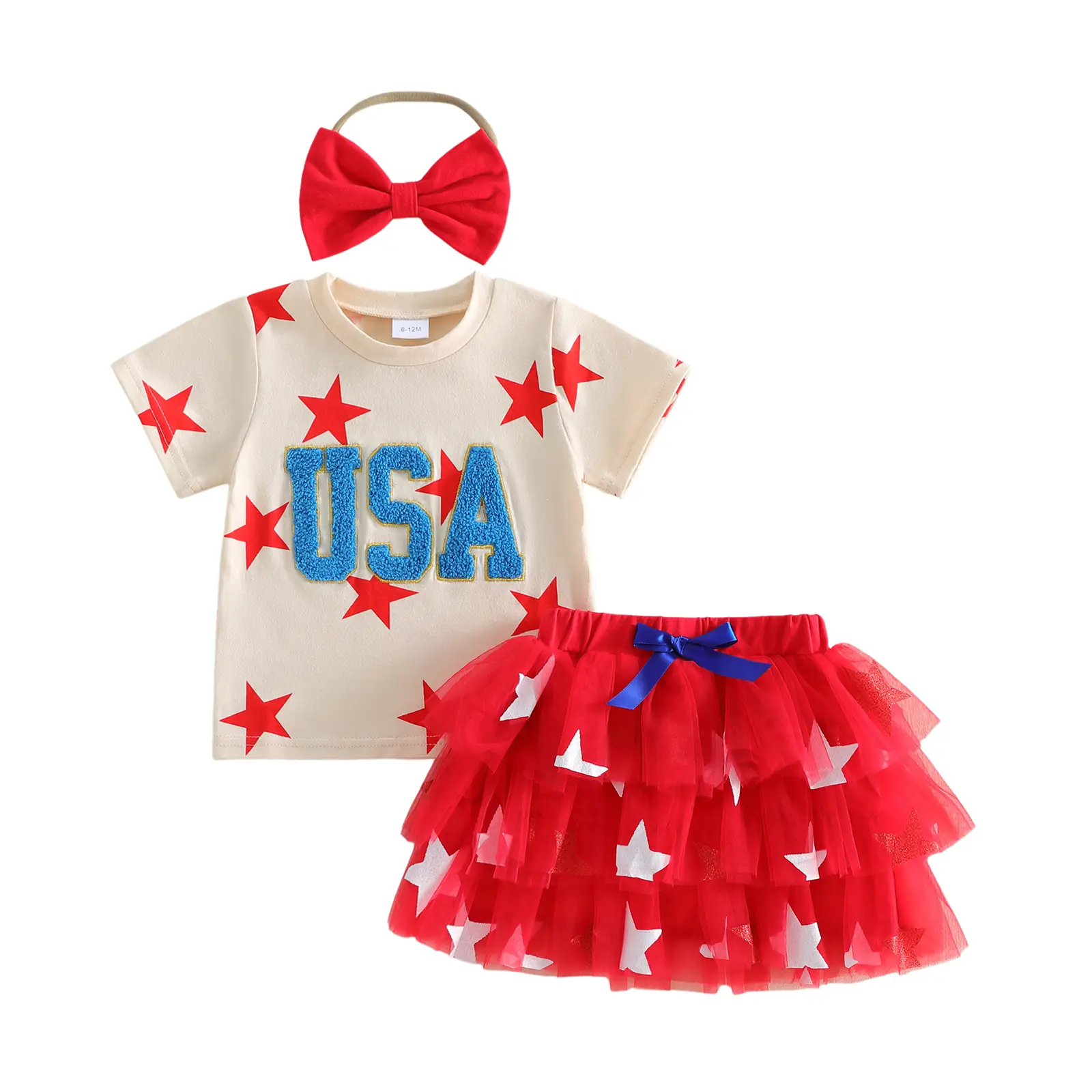 Baby Girl 4th of July Outfit 3Pcs Set USA Patriotic Clothes Red White Blue Star Print Shirt Tulle Tutu Skirt Headband Infant 0-6 Years