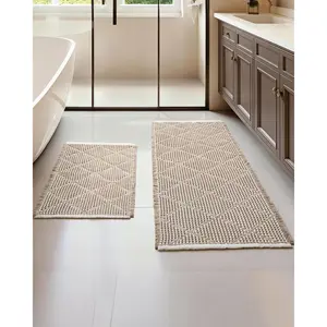Waffle Bath Mat Set, Non Slip Bathroom Rugs Sets 2 count, Ultra Absorbent Long Bath Rug Runner for Bathroom Boho Chic Decor, Machine Washable Floor Mats, Brown & White, 20"x47" Plus 18"x30"