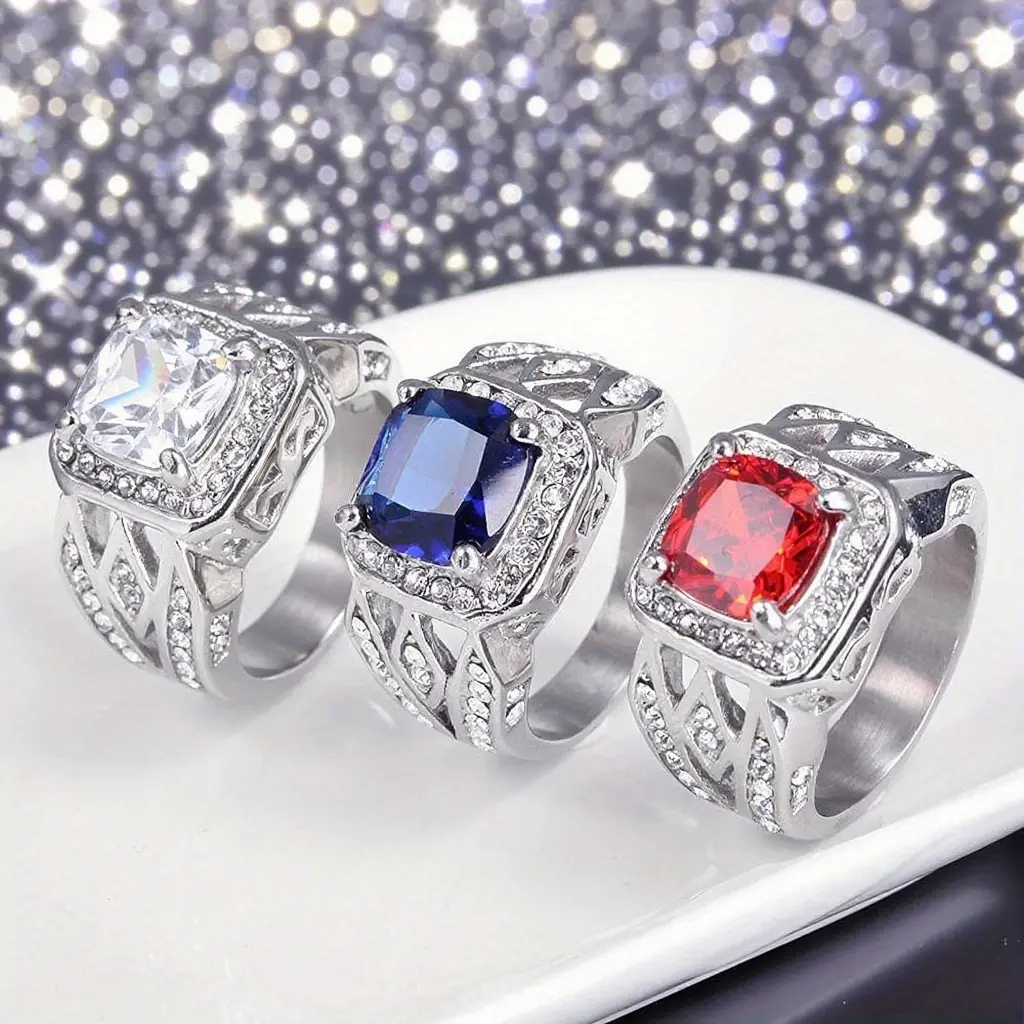 Hollowed-Out Hip Hop Anti-Rust Steel Ring - European-American Light Luxury Bezel Setting Cubic Zirconia Crystal Ring for Women, Couple's Fashion Jewelry for Valentine's Day, Anniversary Gifts, Rings For Women, Crystal Rings