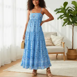 Women Slip Dress, Spaghetti Straps Backless Flower Print Swing Dress Summer Long Dress for Cocktail Party