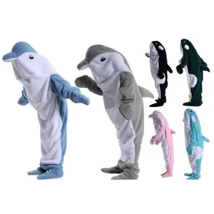 Adult Kid Dolphin Costume Fleece Long Sleeve Full Length Footed Jumpsuit with Hooded Tail Cosplay Costume for Halloween